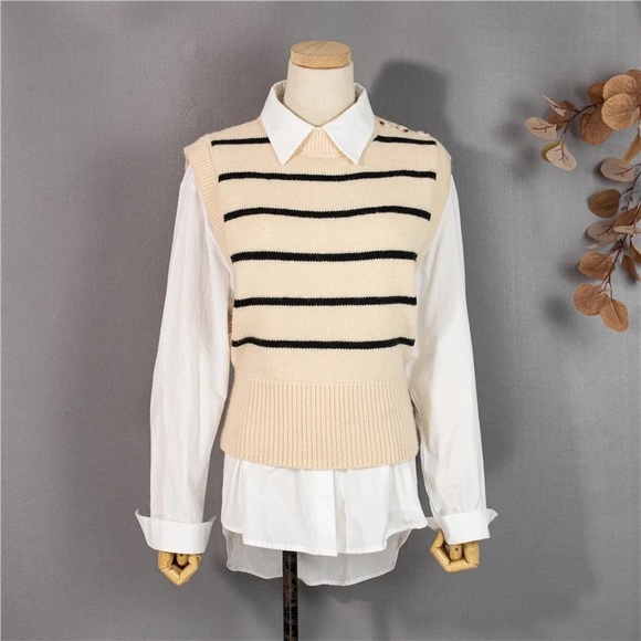 Korean Vintage Striped Knitted Sweater Vest - Beige - Picture 3 of 11